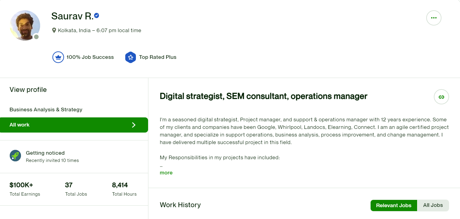 Saurav R. Upwork profile