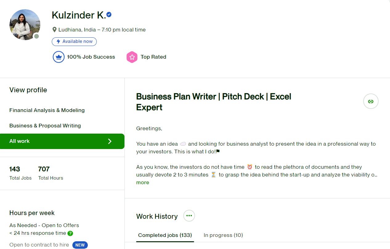 Kulzinder K. Upwork profile