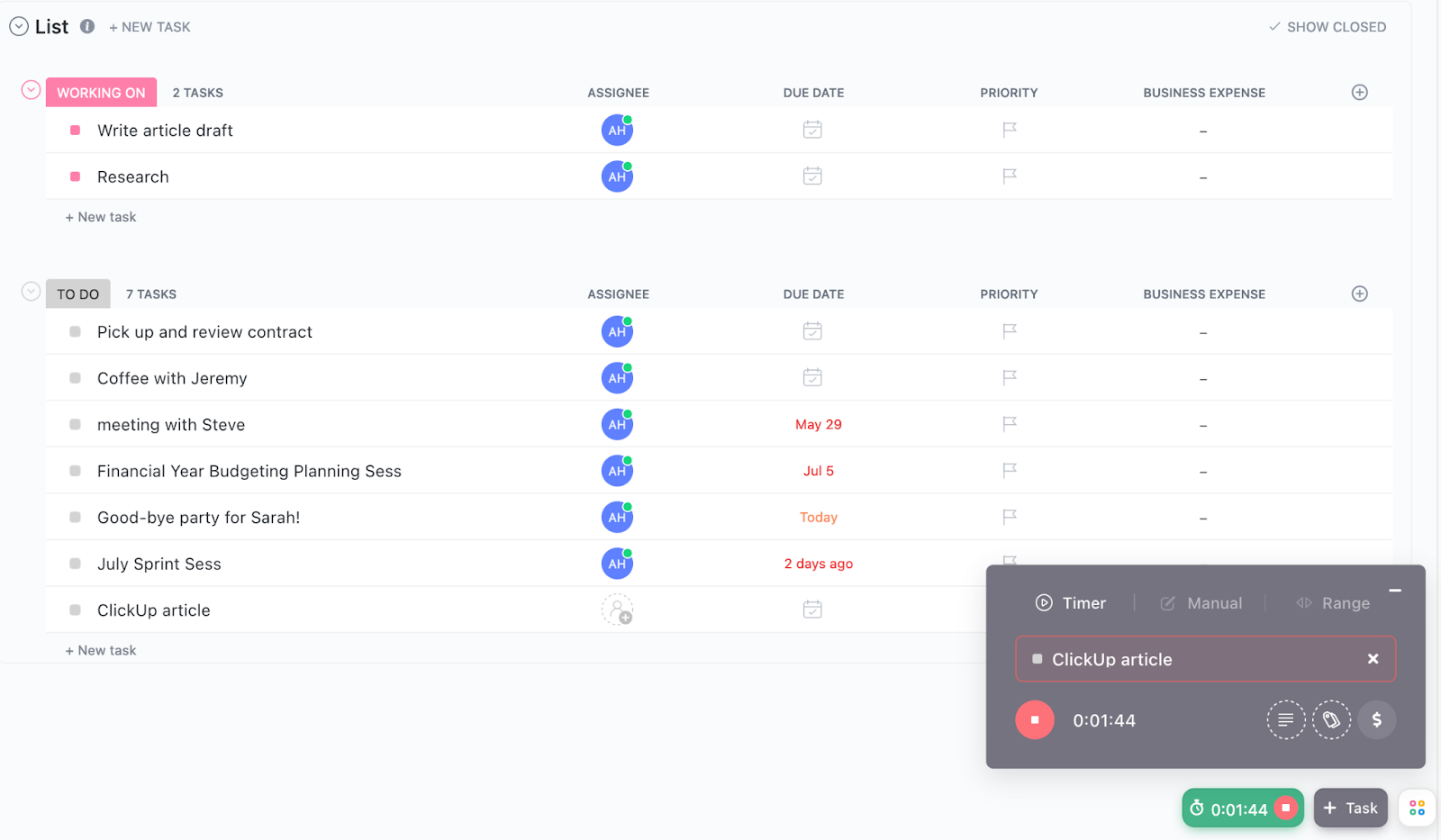 ClickUp dashboard with built-in time tracking feature