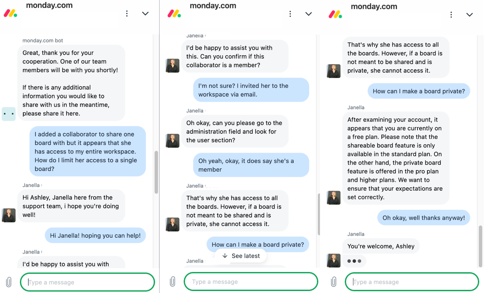 monday.com's live chat feature