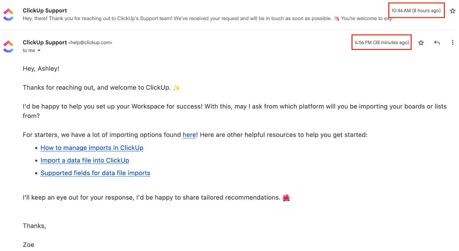 ClickUp's email ticket response