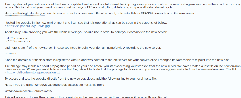 screenshot of FastComet ticket support for datacenter change