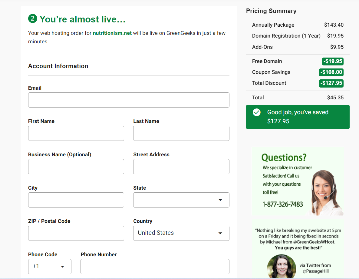 Personal information section of GreenGeeks' sign-up page.