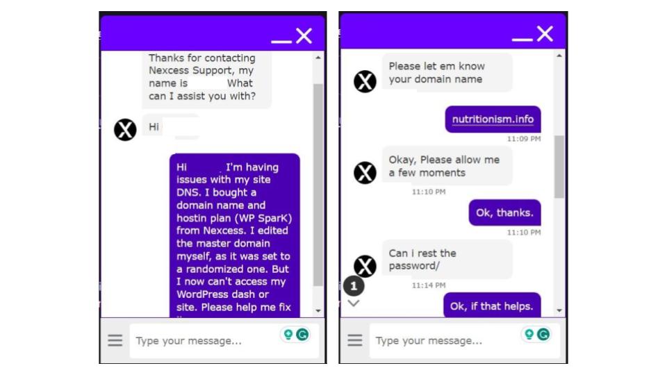 Nexcess' live chat support.