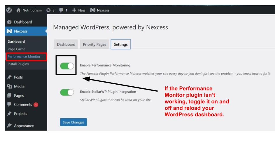 Nexcess WordPress dashboard Performance Monitor plugin setting.
