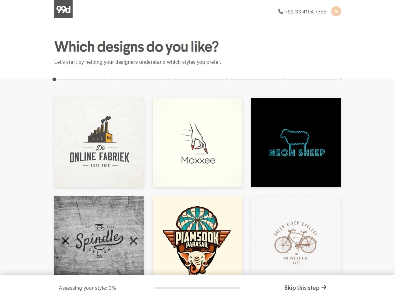 Screenshot of the 99designs design process asking 'Which designs do you like?'