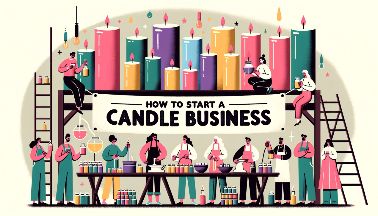 Illustration of a candlemaking workspace with candlemakers behind a table full of candles, bowls for mixing candlewax, and candlemaking tools. Above the candlemakers is a banner with "How to Start a Candle Business" written on it.