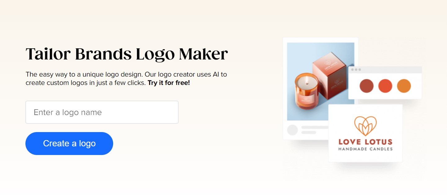 Tailor Brands' logo maker page, asking to enter a logo name