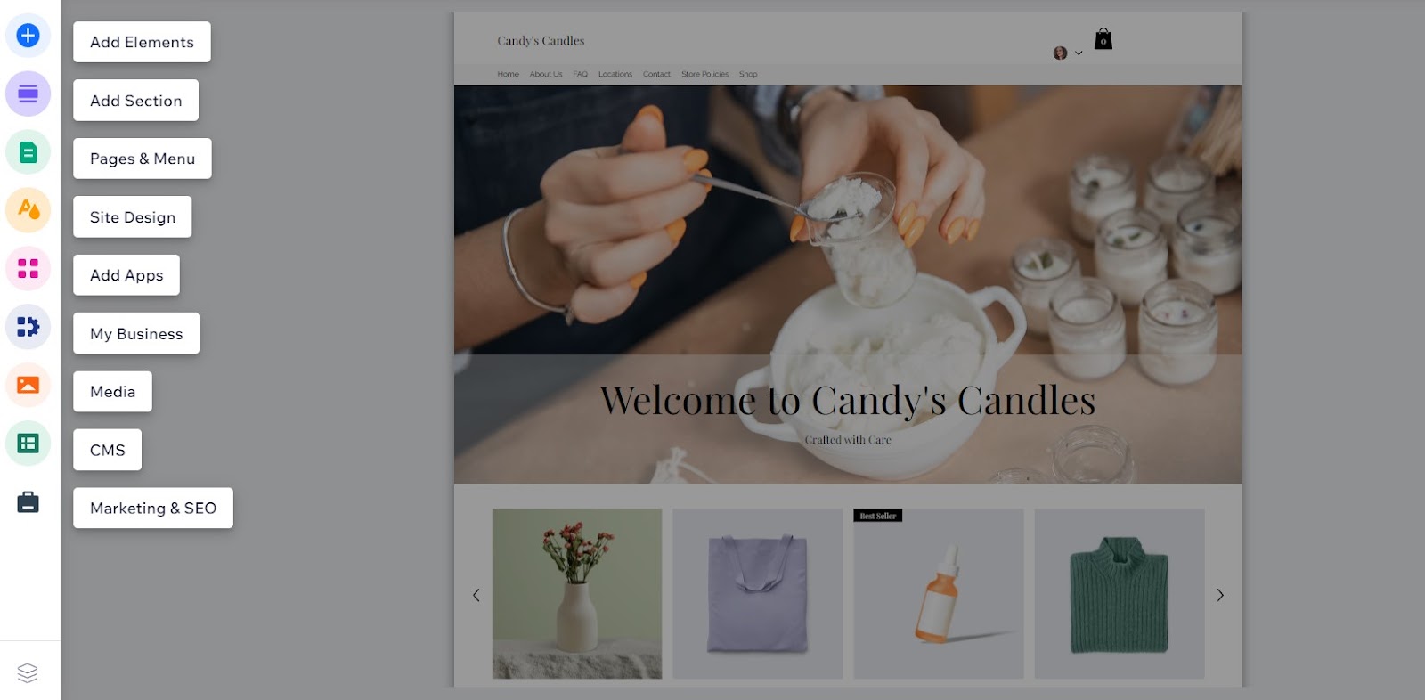A candle business website created using Wix's website builder