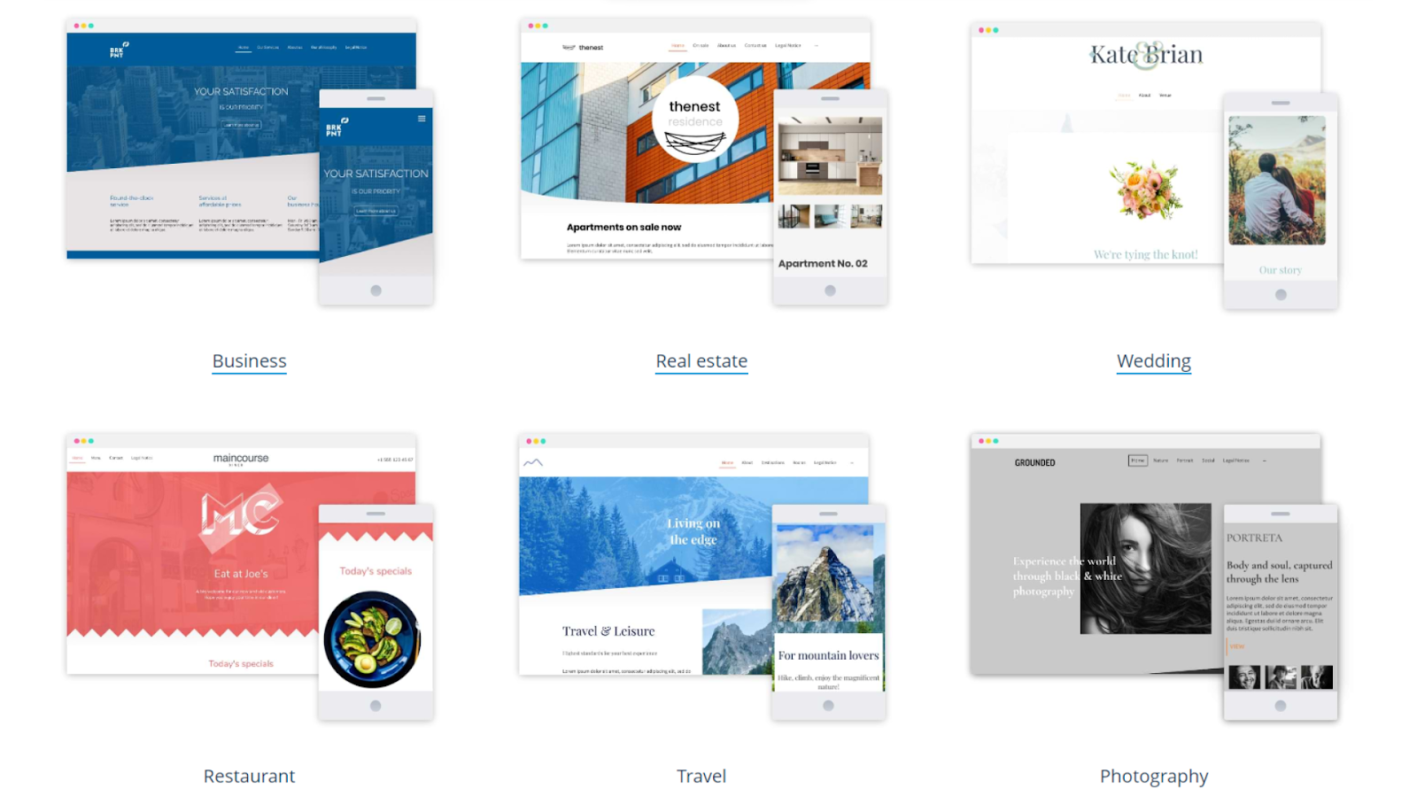 Six types of IONOS website templates