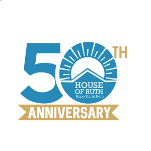 logo by Visak Vasu - 50-year anniversary logo for House of Ruth in blue with an orange-yellow anniversary ribbon at the base