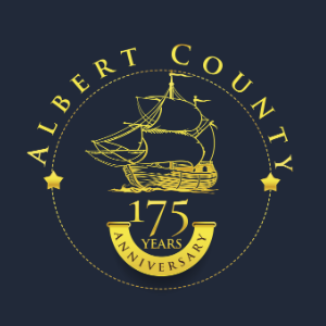 logo by the Seventh Key Magic - 175-year anniversary logo of Albert County, classic yellow-gold fond with a galleon depicted in the middle