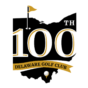 logo by Patria Creative - 100th anniversary logo of the Delaware Golf Club, gold number and texts elements in front of a black map shape