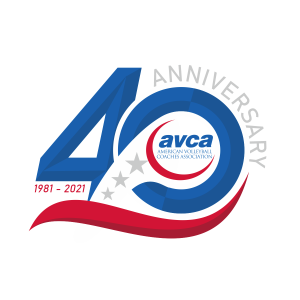 logo by Rita Harty - 40th anniversary logo for the American Volleyball Coaches Association, classic bold design in blue, red, and white