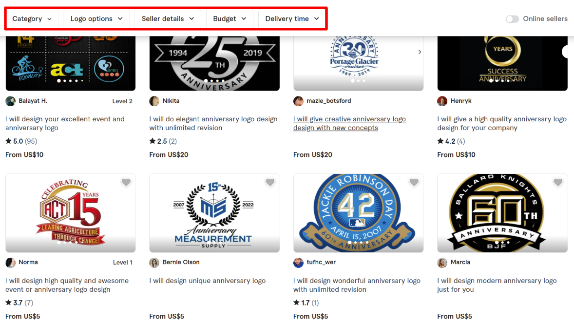 Fiverr search results for "anniversary logo design"