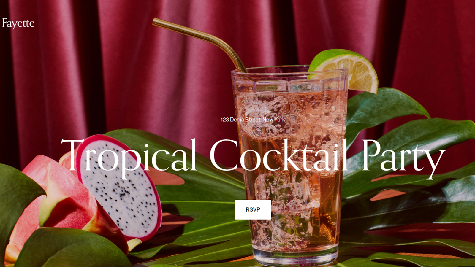 An example of a free Squarespace template for a one-page website for a cocktail party