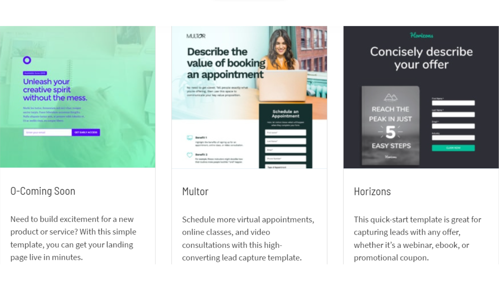 Three examples of one-website templates from Unbounce's library