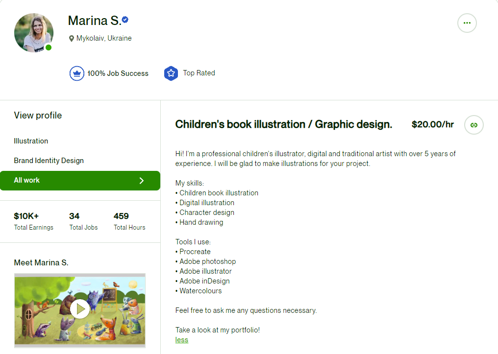 Marina S. profile page on Upwork