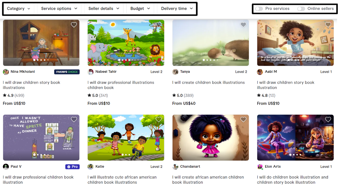 Fiverr search results for "children's book illustrator"