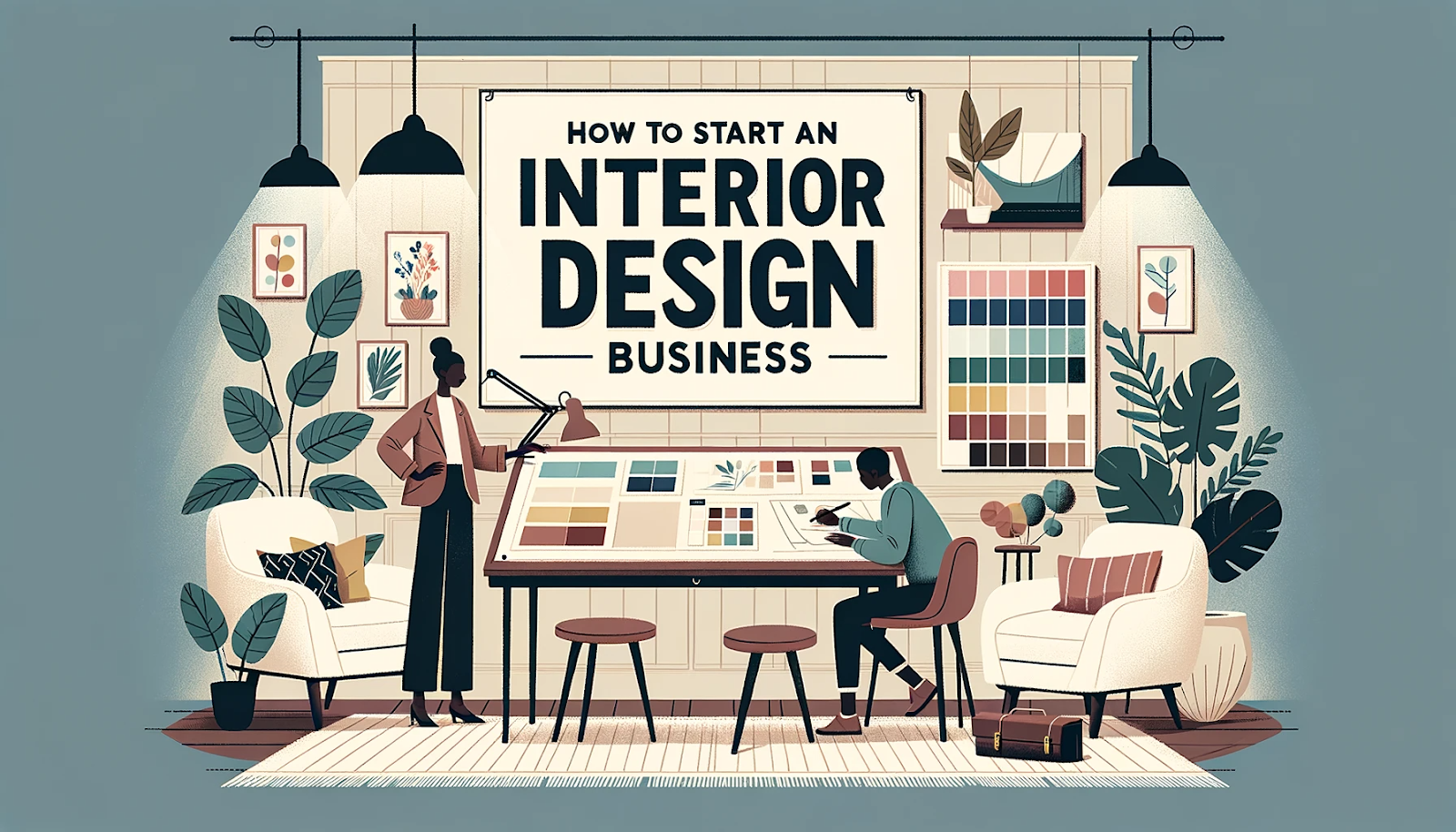 Illustration of a cozy workspace with a large drafting table, color swatches, and mood boards. The words 'How To Start an Interior Design Business' are boldly and stylishly center-aligned above the table. A Black man is sketching a design layout, while a Black woman next to him is choosing fabric samples. The background has soft lighting and indoor plants.