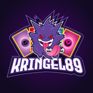logo by Keita - Kringle89 logo in a bold font and shades of purple, featuring a Gengar in the middle with its tongue sticking out and several Pokemon playing cards behind it