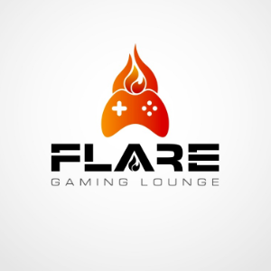 logo by Digital art - Flare Gaming Lounge logo, bold modern font in black, flaming red console controller on top as an icon