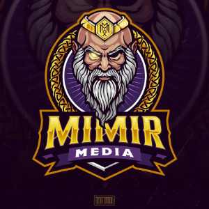 logo by Dexterous - Hand-drawn Odin face with the company name Mimir Media in bright yellow and purple underneath
