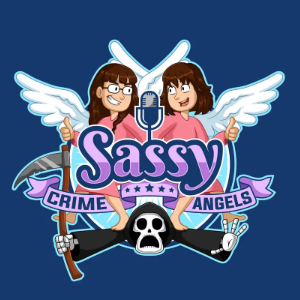 logo by 3dami - playful logo for the crime podcast Sassy Crime Angels, two girls with angel wings standing on top of a grim reaper, simple purple font