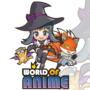 design by Tito Piccolo - colorful anime illustration logo for World of Anime, witch chibi character with a fox and a bat/cat companion, the font resembles retro video games like Super Mario and is white, orange, and blue/purple