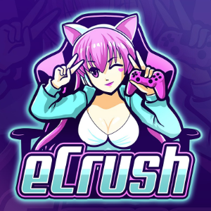 design by Warlourd Arts - eCrush logo featuring a young anime character with pink hair holding a game controller and sitting on a gaming chair, playful font in purple/pink, white, and green