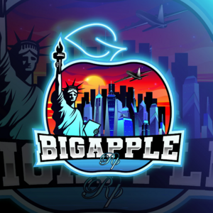 Logo for Big Apple Rp, featuring the Statue of Liberty and New York City in an apple-shaped sunset backdrop