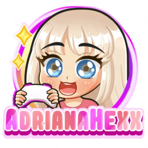 logo by Fenny F. - cute chibi logo of streamer Adriana Hexx, blond character with blond hair and big blue eyes holding a pink/white console controller