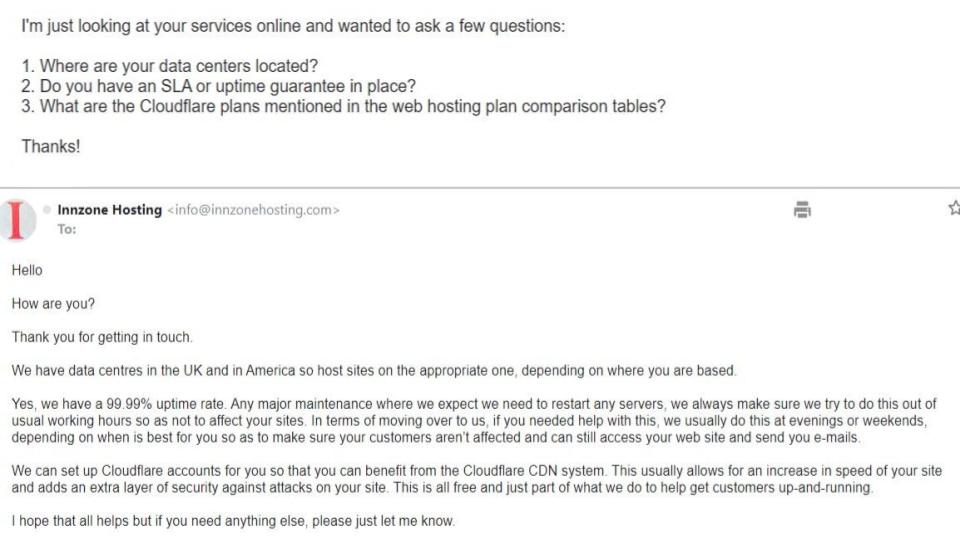 Innzone Hosting support interaction via email