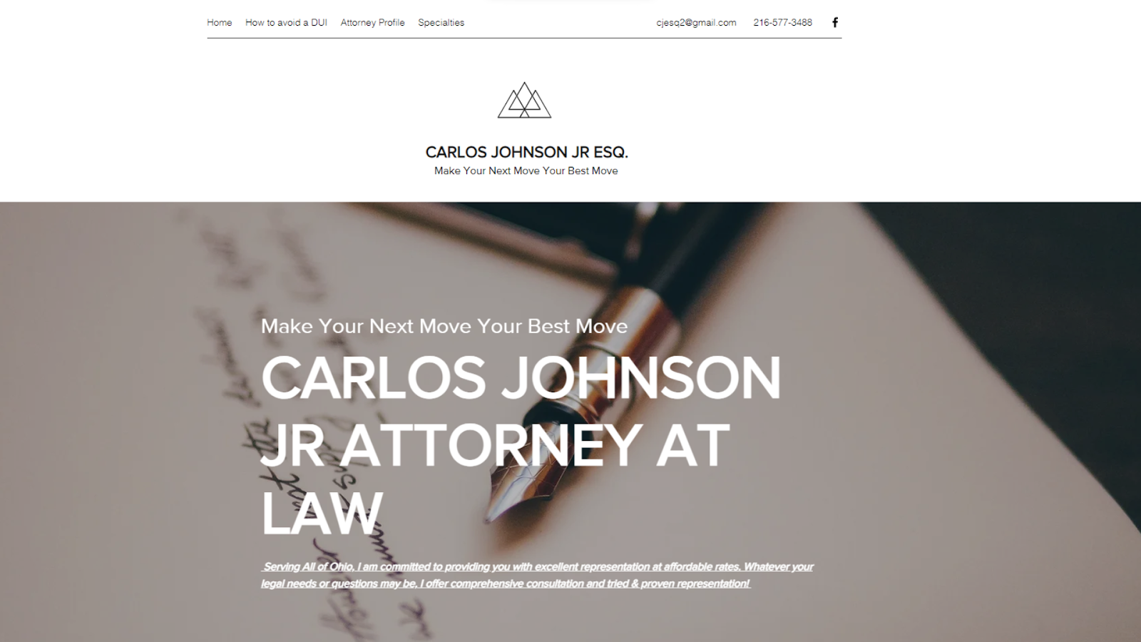 Screenshots from the Carlos Johnson Jr Esq. website made with Wix