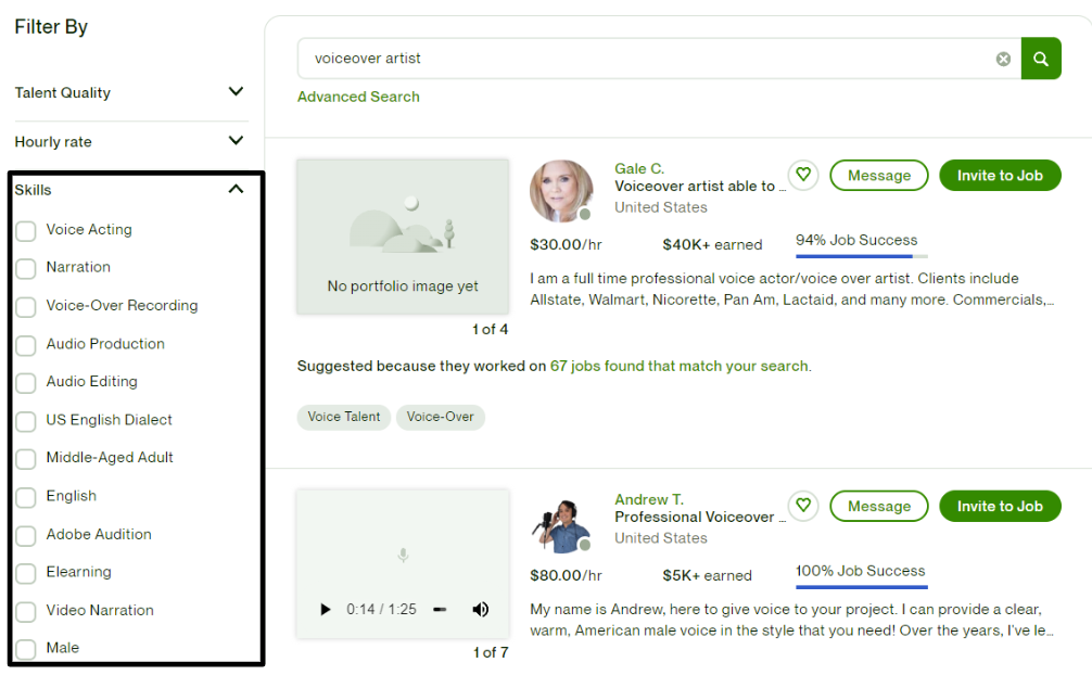 Upwork voiceover artists search
