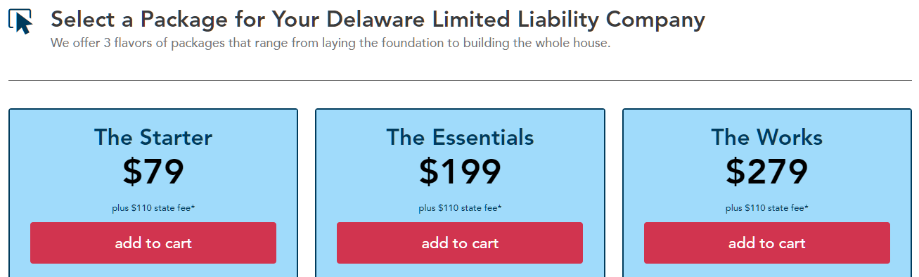 Incorporate.com pricing for Delaware LLC formation