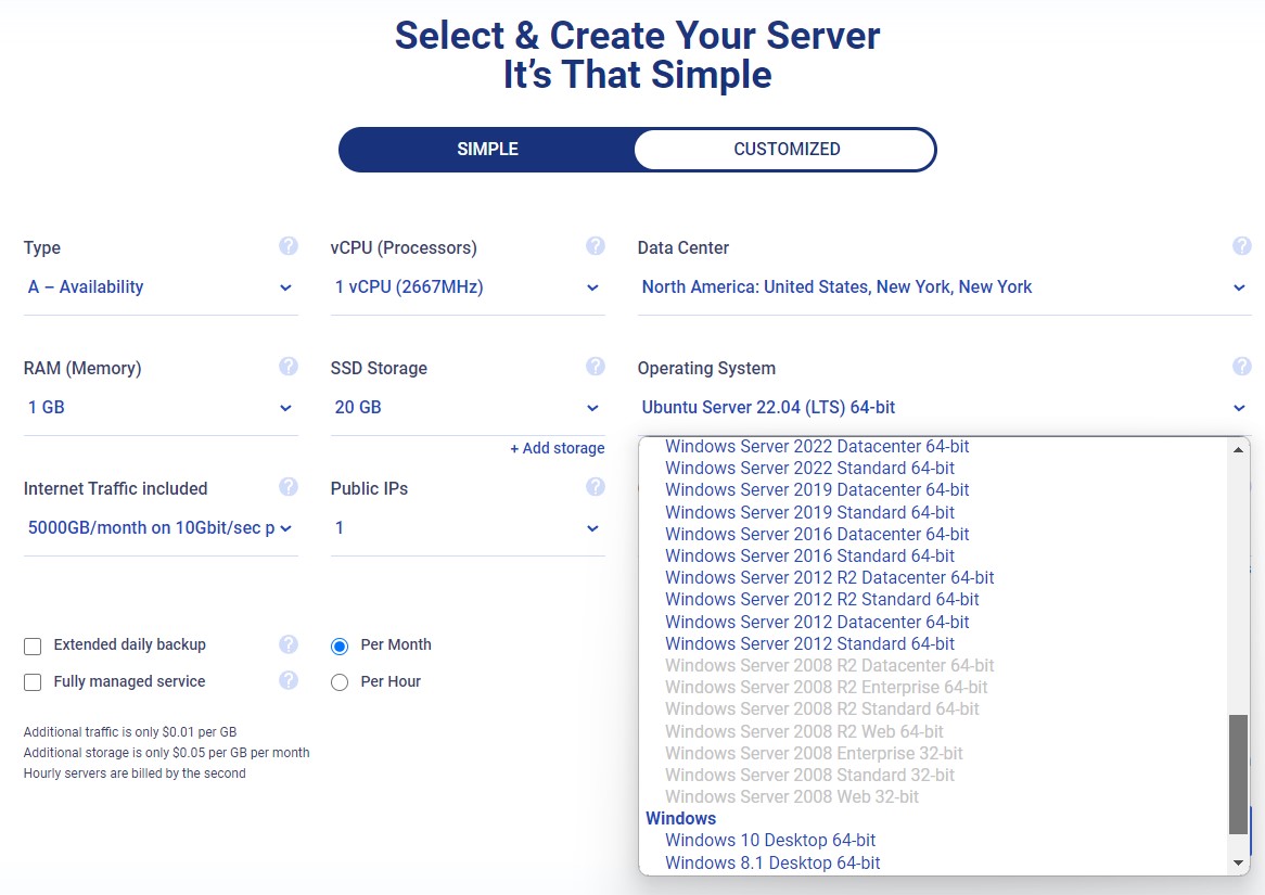 Kamatera's cloud Windows server customization page