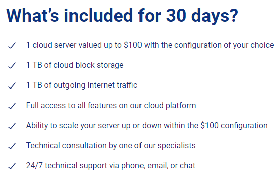 Features included with Kamatera's30-day free trial