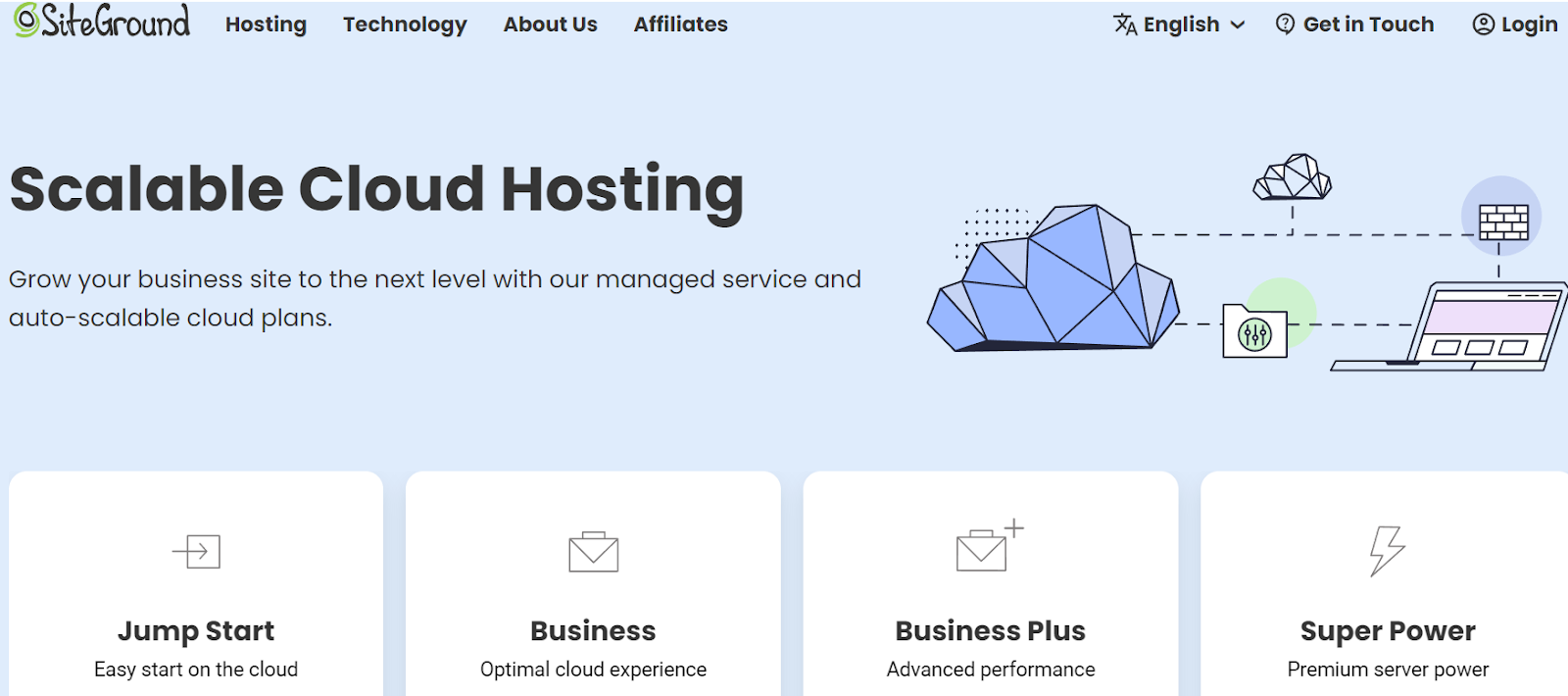 SiteGround cloud hosting page and plans