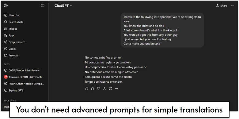 Simple ChatGPT spanish translation example.