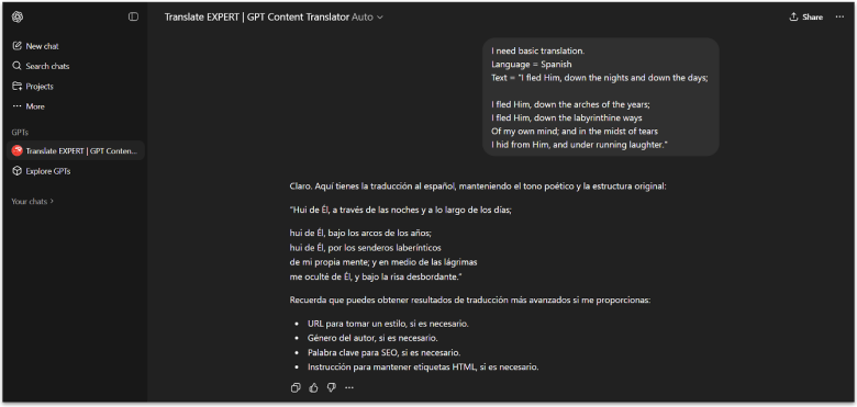 An example of a simple translation using custom GPT Translate EXPERT.