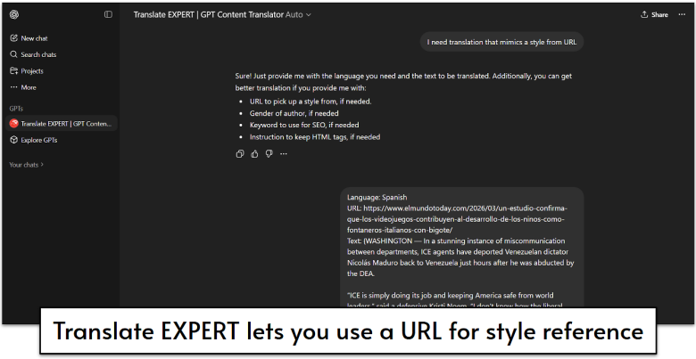 An example of Translate EXPERT using a URL to create a reference point for a translation of ChatGPT.