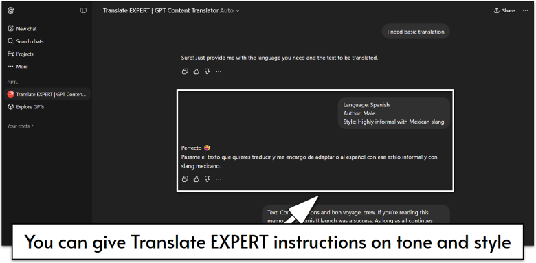 An example of how to give Translate EXPERT instructions on tone and style for a translation on ChatGPT.
