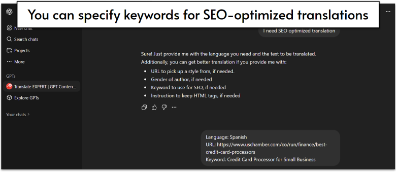 An example of how to give Translate EXPERT keywords to optimize a translation on ChatGPT.