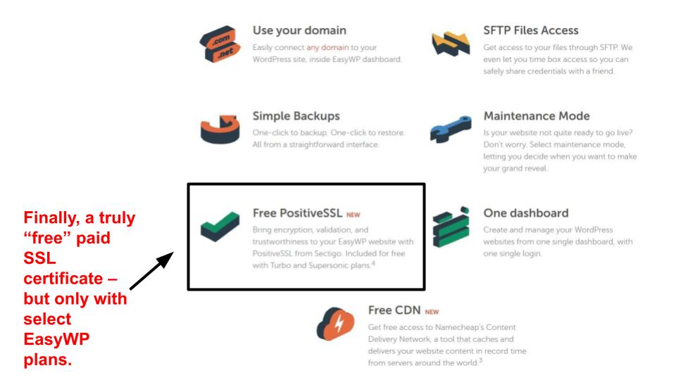 Namecheap EasyWP hosting plan features, including a free paid PositiveSSL certificate from Sectigo.