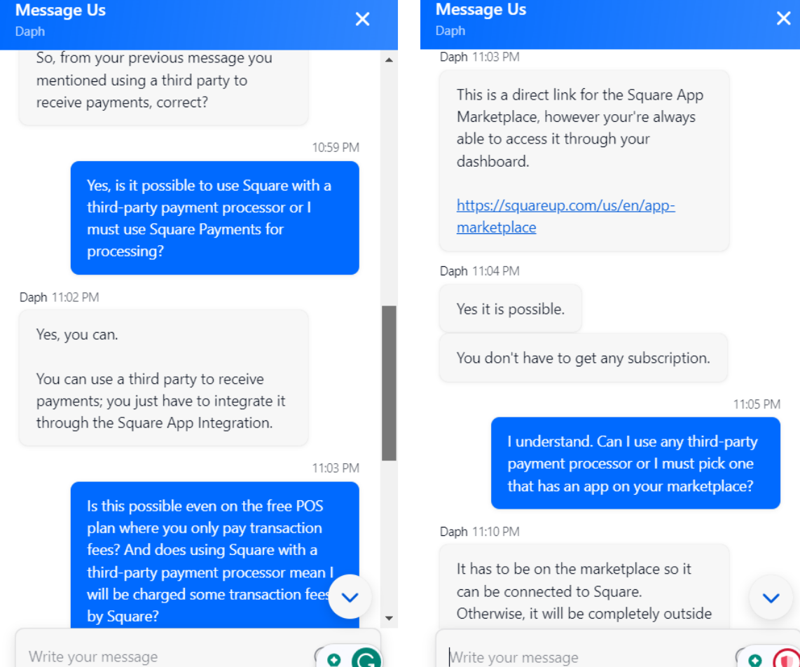 Square live chat support conversation