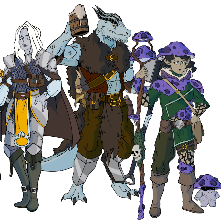 DnD illustration by Piccyoneem, drawing of a full DnD party without background
