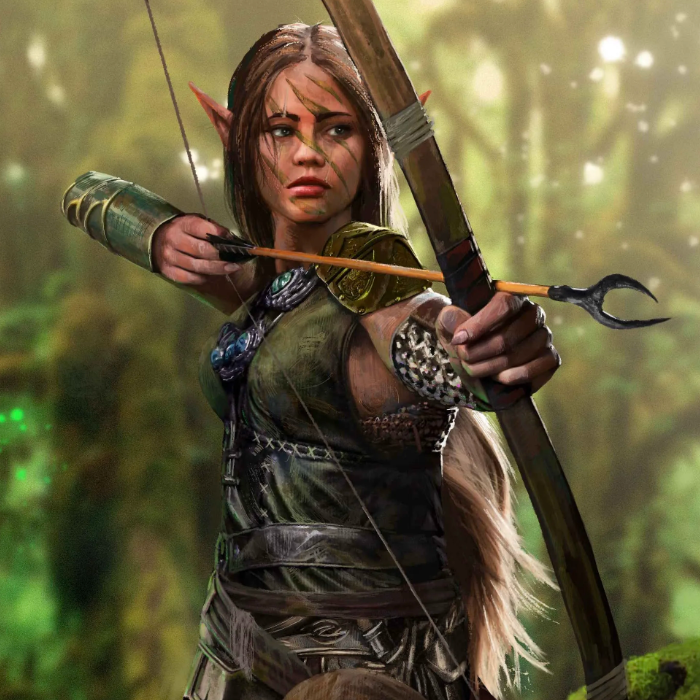 DnD illustration by Yves, a realistic drawing of an elf markswoman drawing her bow in a forest setting