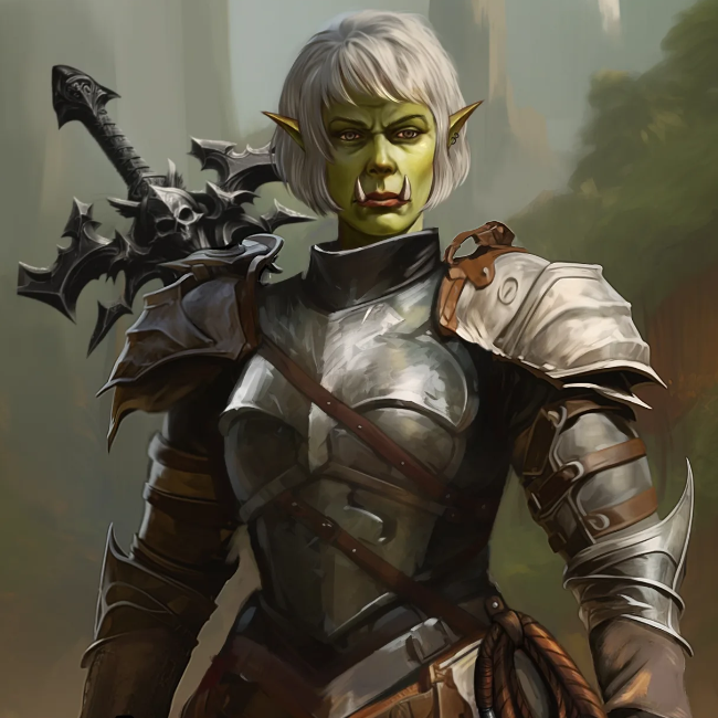 DnD illustration by M K Art, a high-quality render of a female Orc warrior in heavy plate armor.