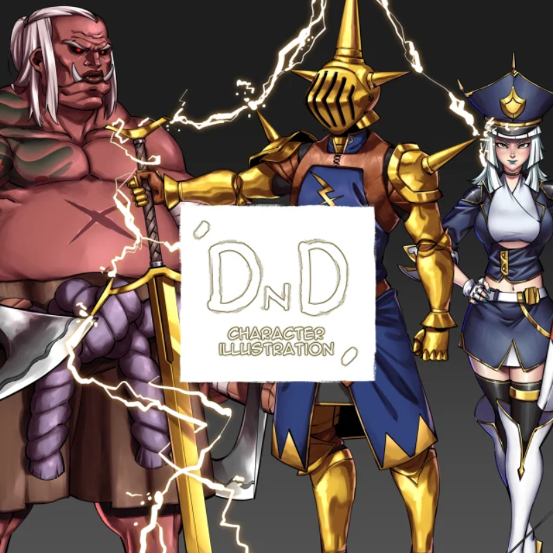 DnD illustration by Sakha S, full-body drawing of a fierce orc, a gold-plated knight, and a markswoman